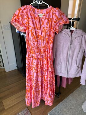 Anthropologie Somerset Pink Dress with Bold Orange Brushstroke Print